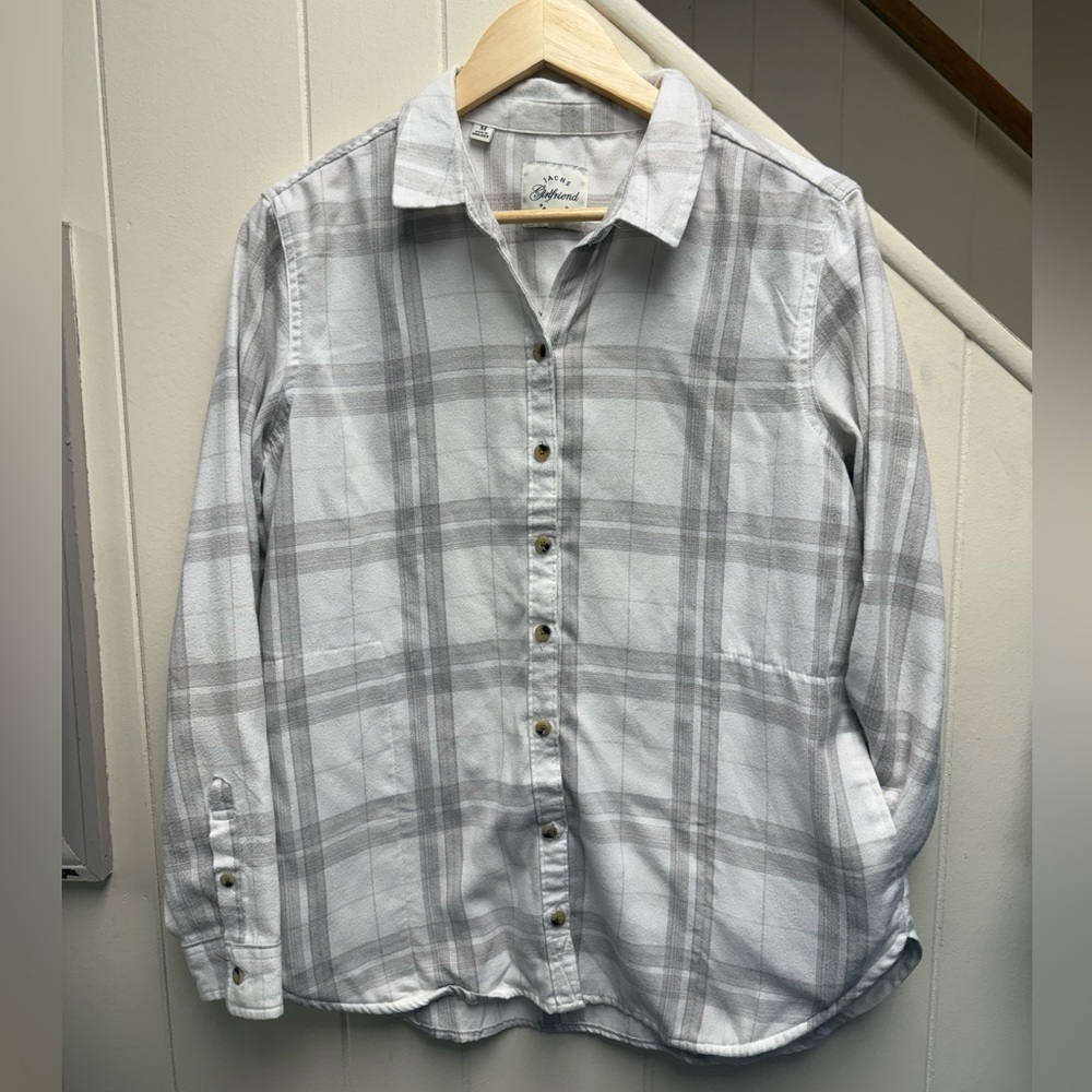 JACHS Girlfriend New York Light Gray Plaid Button Down Flannel Shirt Size Medium